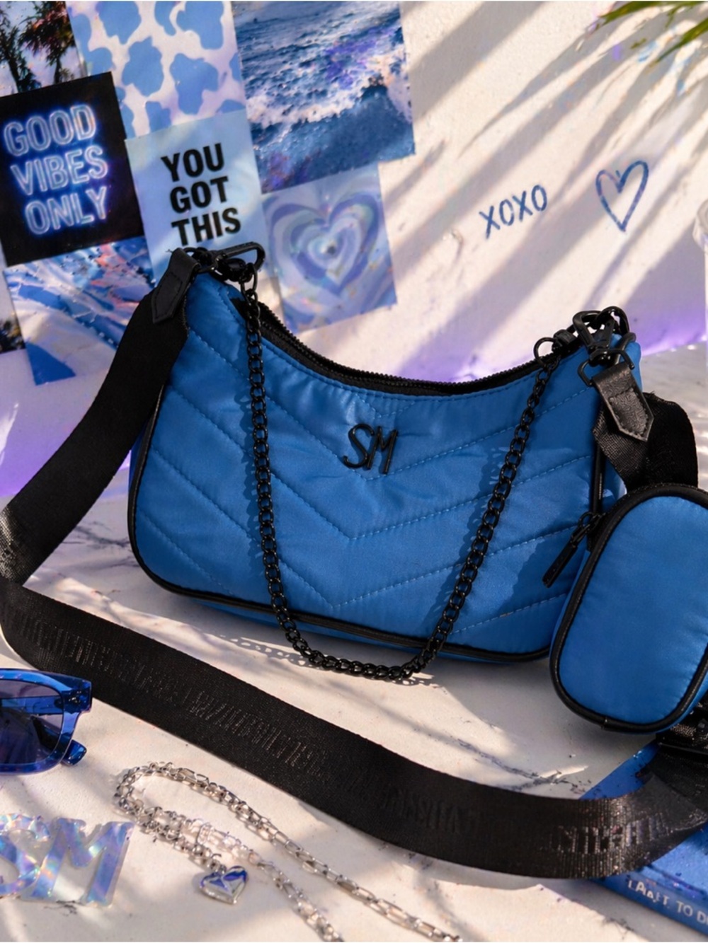 Steve Madden Quilted Crossbody Bag in Blue with Black Trim